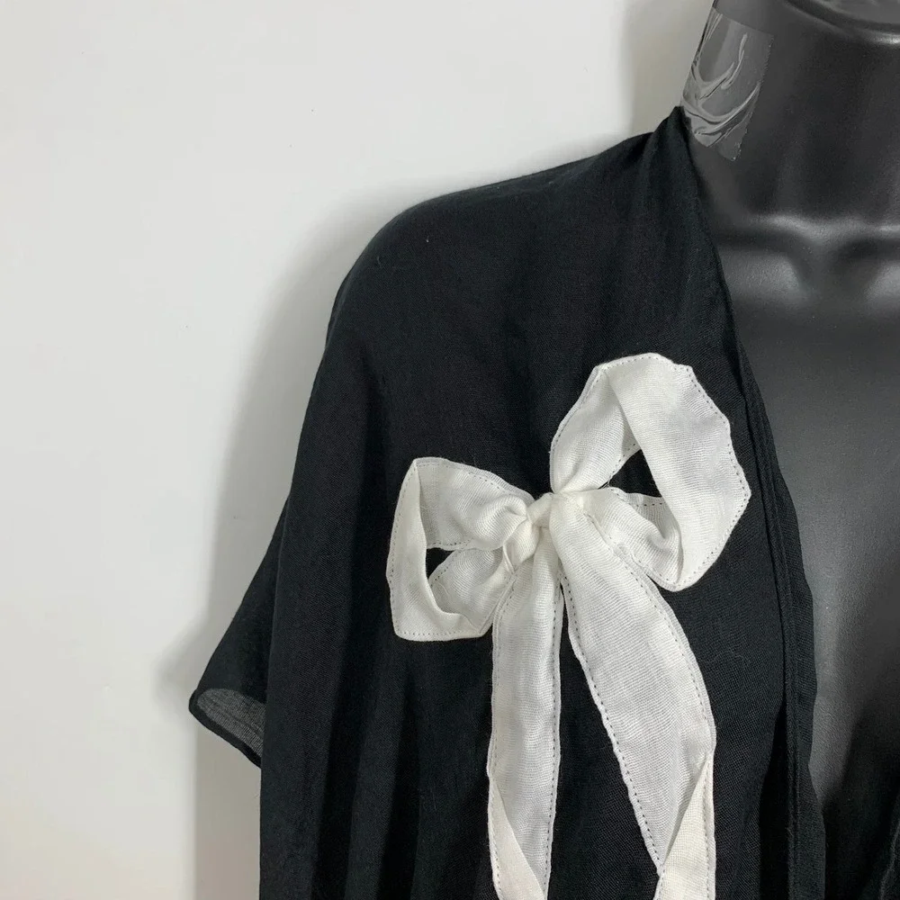 Steve‎ Madden Black One Size Open Front Fringe Scarf Wrap with White Bows